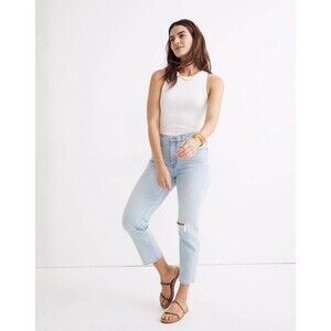 Madewell Size 24 Mid-Rise Classic Straight Jeans Wellingford Light Wash Knee-Rip